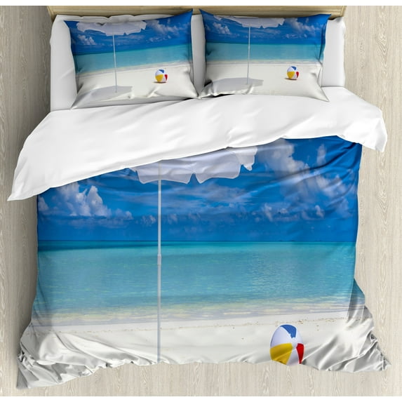 Ambesonne Beach Duvet Cover Sets, Summer Season Vibes Sea, 2-Queen, White Cream Blue