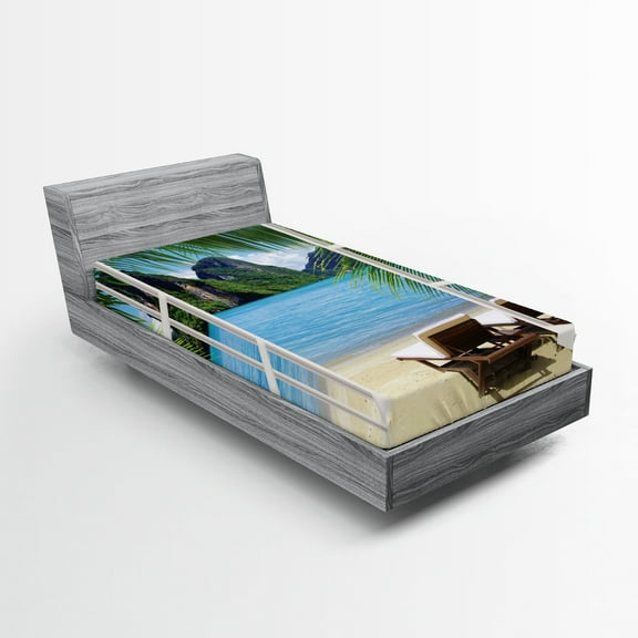 Ambesonne Beach Fitted Sheet 2 Pcs Set, Palms and Ocean Summer, Twin, White Green and Blue