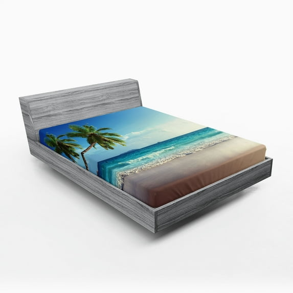 Ambesonne Beach Fitted Sheet 2 Pcs Set, Scenic Island View Trees, King, Pale Brown Green Blue