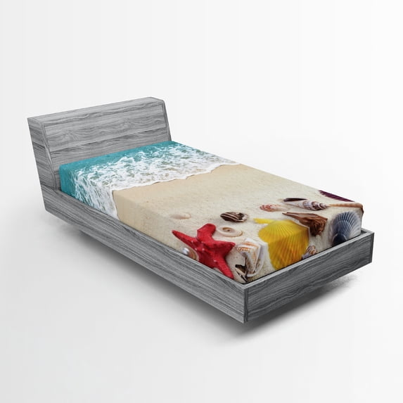 Ambesonne Beach Fitted Sheet 2 Pcs Set, Sea Shells on Sandy Coast, Twin, Multicolor