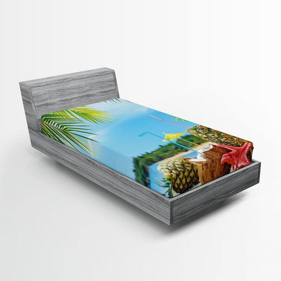 Ambesonne Beach Fitted Sheet, Coconut Pineapple Summer, Twin Size, Blue Green Brown