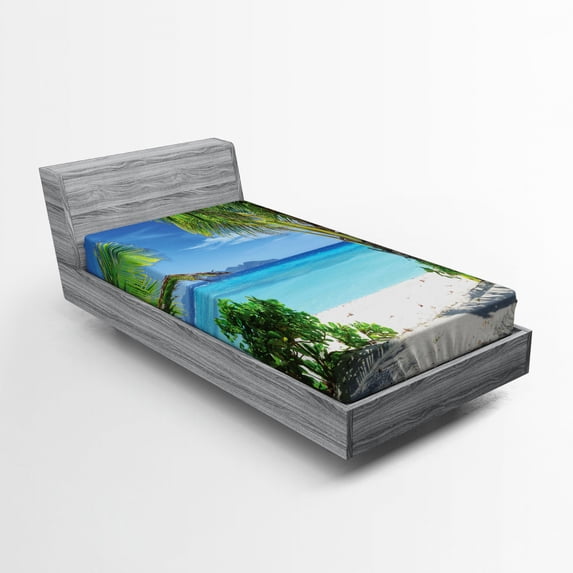 Ambesonne Beach Fitted Sheet, Idyllic Oceanic Resort, Twin XL Size, Green Aqua Coconut