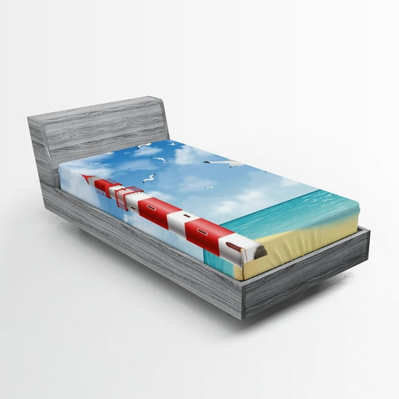 Ambesonne Beach Fitted Sheet, Lighthouse Seagulls Ocean, Twin Size, Vermilion Blue