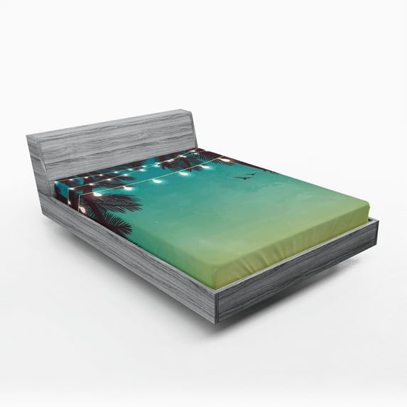 Ambesonne Beach Fitted Sheet, Night Time Sunset Palms, Full Size, Multicolor