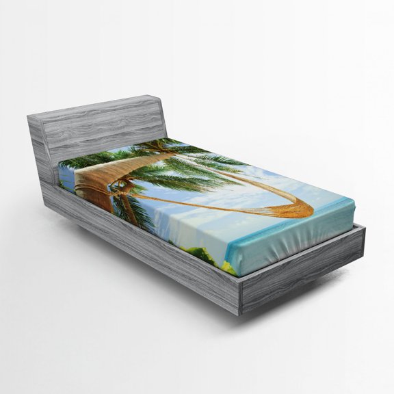 Ambesonne Beach Fitted Sheet, Ocean Sandy Shore Palm, Twin XL Size, Green Cream Blue