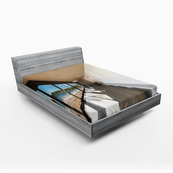 Ambesonne Beach Fitted Sheet, Ocean Sea Waves Sand View, Queen Size, Pale Brown Sky Blue