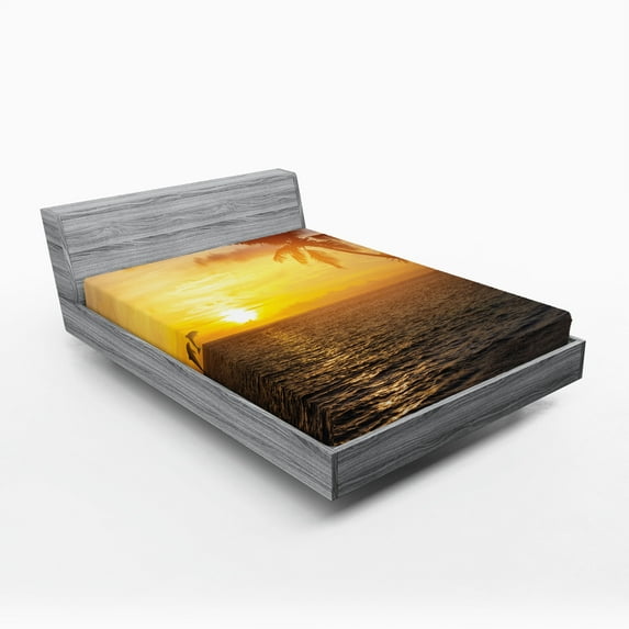 Ambesonne Beach Fitted Sheet, Palm Tree Island Sunset, Full Size, Yellow Bluegrey