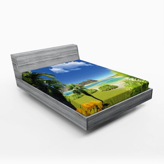 Ambesonne Beach Fitted Sheet, Paradise Palms Island, Full Size, Multicolor