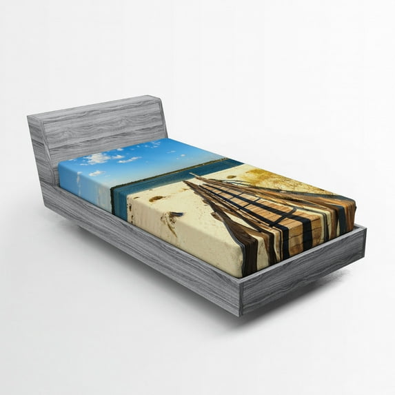 Ambesonne Beach Fitted Sheet, Perdido Beach Long Pier, Twin Size, Cream Blue