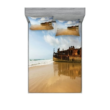 Ambesonne Beach Fitted Sheet & Pillow Sham Set, Antique Rusty Ship Wreck, Full, Multicolor