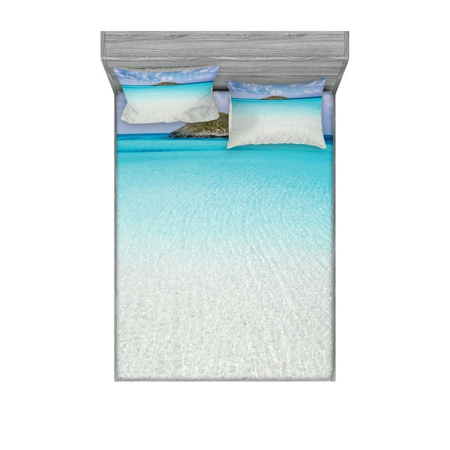 Ambesonne Beach Fitted Sheet & Pillow Sham Set, Carribean Ocean Island, Full, Cream Turquoise