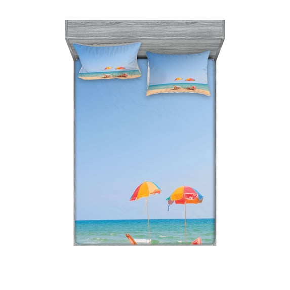 Ambesonne Beach Fitted Sheet & Pillow Sham Set, Chair Umbrella Relaxing, Full, Turquoise Beige