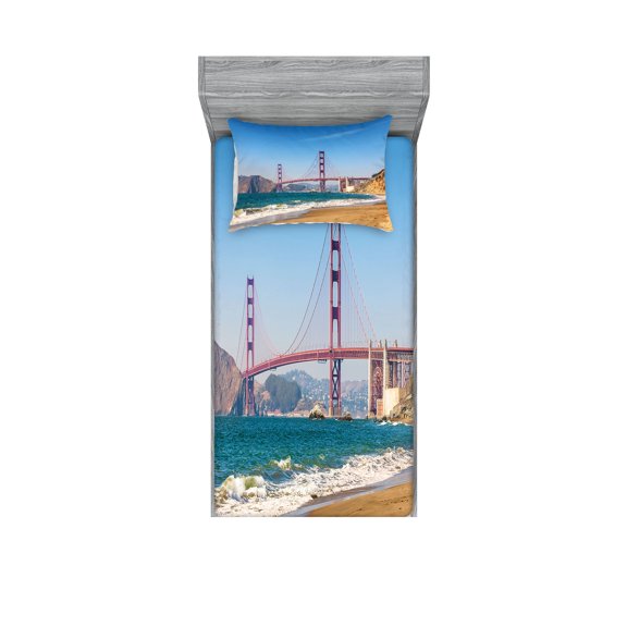 Ambesonne Beach Fitted Sheet & Pillow Sham Set, Coastline Seascape Ocean, Twin, Blue Turquoise