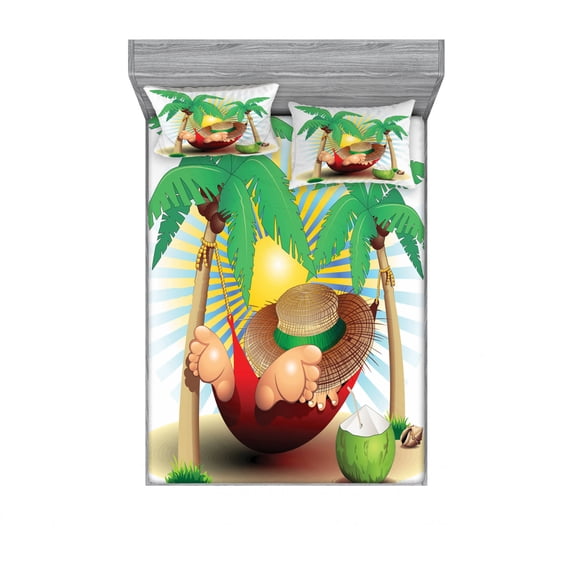 Ambesonne Beach Fitted Sheet & Pillow Sham Set, Exotic Summer Paradise, Full, Multicolor