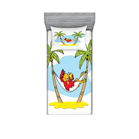 Ambesonne Beach Fitted Sheet & Pillow Sham Set, Hammock Palm Tree Shade, Twinxl, Multicolor