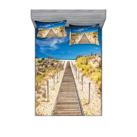 Ambesonne Beach Fitted Sheet & Pillow Sham Set, Idyllic Tranquil Shore, Queen, Cream Blue