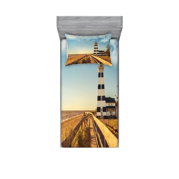 Ambesonne Beach Fitted Sheet & Pillow Sham Set, Lighthouse Sea Waves, Twin, Multicolor