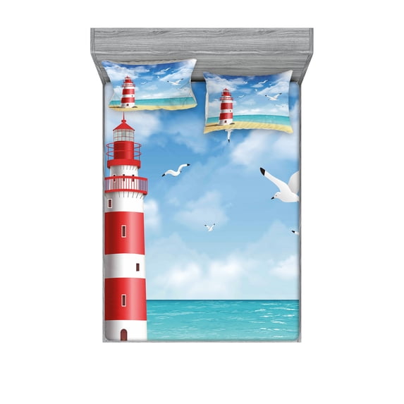 Ambesonne Beach Fitted Sheet & Pillow Sham Set, Lighthouse Seagulls Ocean, Full, Vermilion Blue