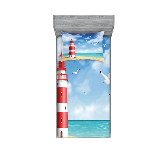 Ambesonne Beach Fitted Sheet & Pillow Sham Set, Lighthouse Seagulls Ocean, Twin, Vermilion Blue