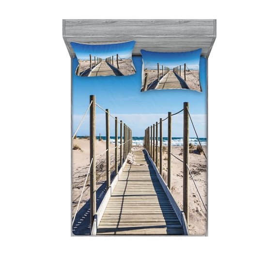 Ambesonne Beach Fitted Sheet & Pillow Sham Set, Mediterranean Heaven, Full, Cream Blue