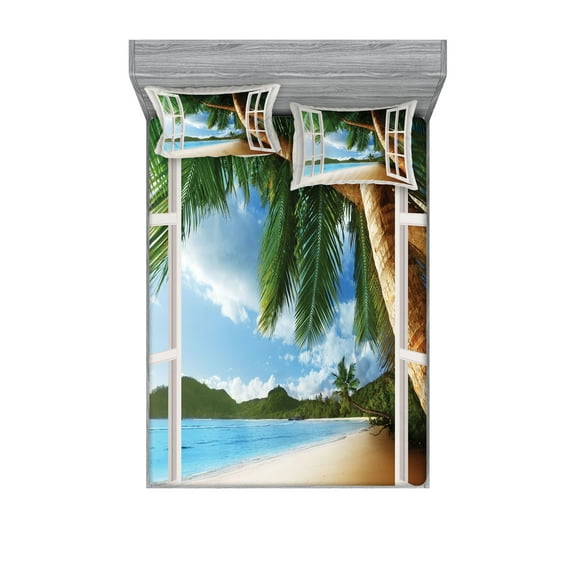 Ambesonne Beach Fitted Sheet & Pillow Sham Set, Nautical Sand Landscape, Queen, Green Ivory Blue