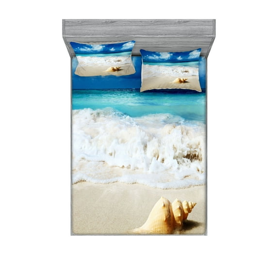 Ambesonne Beach Fitted Sheet & Pillow Sham Set, Nautical Sunny Coastline, Full, Sand Brown Aqua Blue