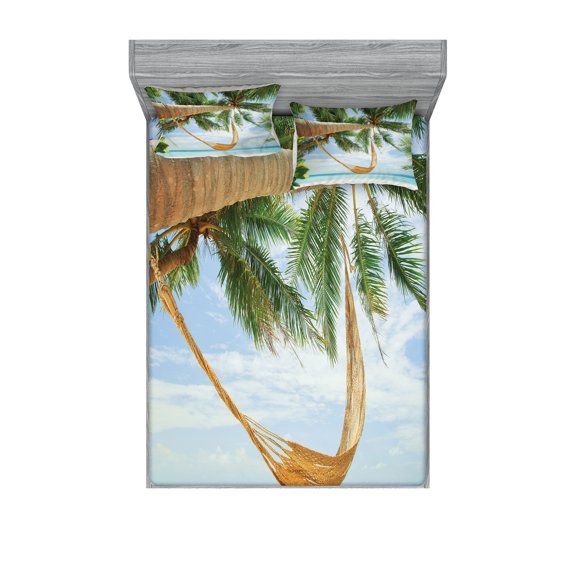 Ambesonne Beach Fitted Sheet & Pillow Sham Set, Ocean Sandy Shore Palm, Full, Green Cream Blue