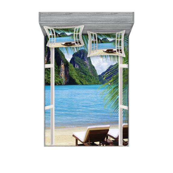 Ambesonne Beach Fitted Sheet & Pillow Sham Set, Palms and Ocean Summer, Full, White Green and Blue
