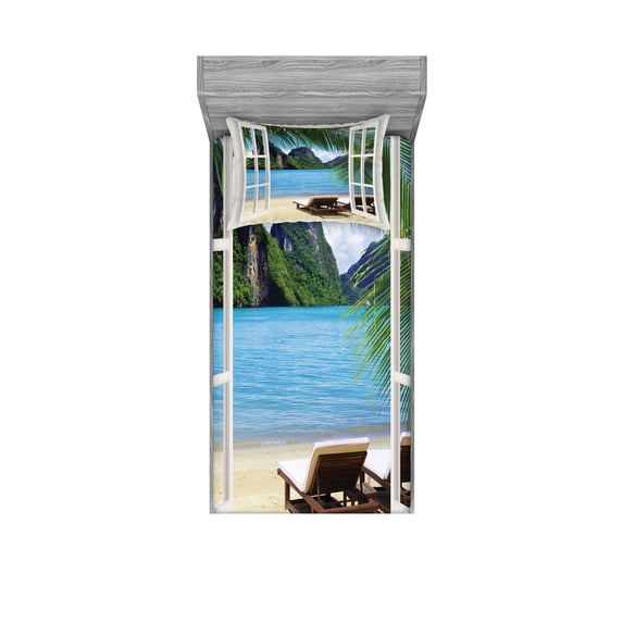 Ambesonne Beach Fitted Sheet & Pillow Sham Set, Palms and Ocean Summer, Twinxl, White Green and Blue
