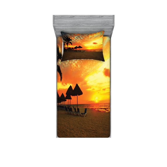Ambesonne Beach Fitted Sheet & Pillow Sham Set, Romantic Sunset Scenery, Twinxl, Orange Yellow