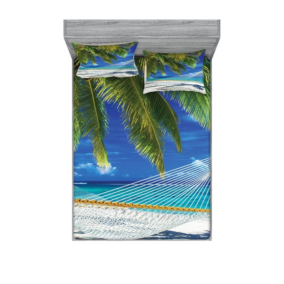 Ambesonne Beach Fitted Sheet & Pillow Sham Set, Sandy Palm Coconut Sea, Full, Cream Navy Green