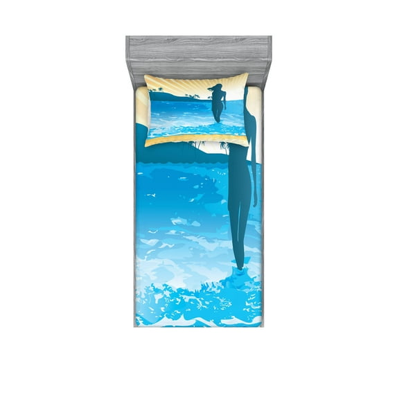 Ambesonne Beach Fitted Sheet & Pillow Sham Set, Sea Shore Ocean Summer, Twin, Slate Blue Sky Blue