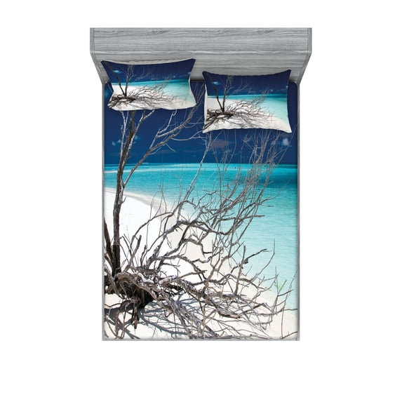 Ambesonne Beach Fitted Sheet & Pillow Sham Set, Seascape Theme Driftwood, Queen, Turquoise and Blue