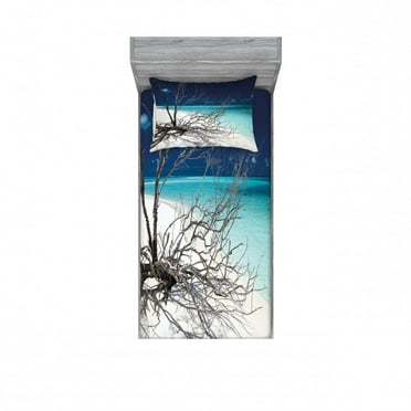 Ambesonne Beach Fitted Sheet & Pillow Sham Set, Seascape Theme Driftwood, Twin, Turquoise and Blue