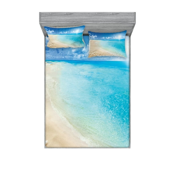 Ambesonne Beach Fitted Sheet & Pillow Sham Set, Sunny Seashore and Shells, Full, Aqua Cream Blue