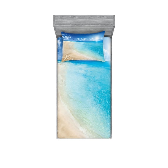 Ambesonne Beach Fitted Sheet & Pillow Sham Set, Sunny Seashore and Shells, Twinxl, Aqua Cream Blue