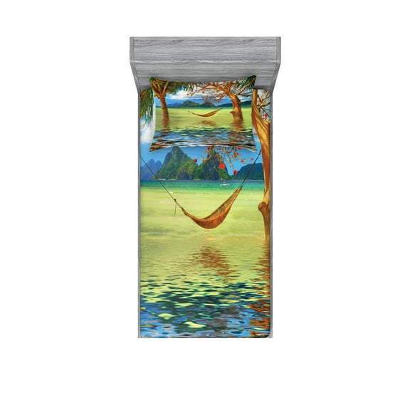 Ambesonne Beach Fitted Sheet & Pillow Sham Set, Trees in Tropical Land, Twinxl, Multicolor