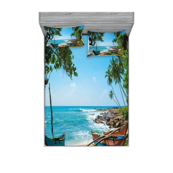 Ambesonne Beach Fitted Sheet & Pillow Sham Set, Tropical Ocean Scenery, Queen, Green and Blue