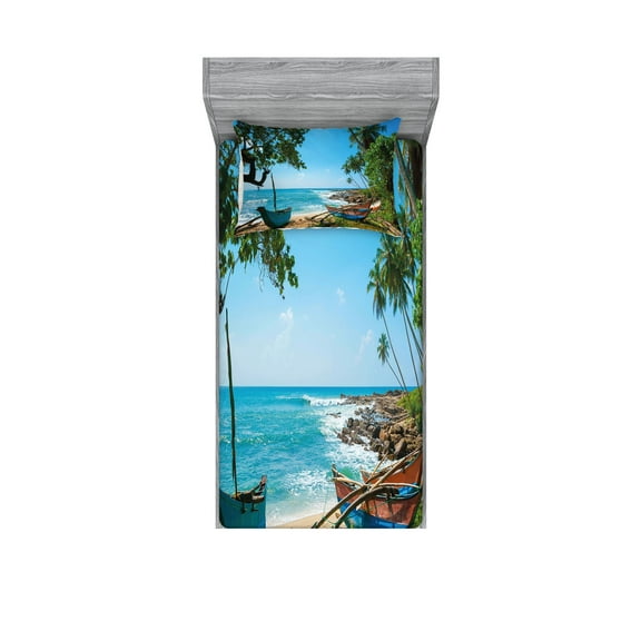 Ambesonne Beach Fitted Sheet & Pillow Sham Set, Tropical Ocean Scenery, Twinxl, Green and Blue
