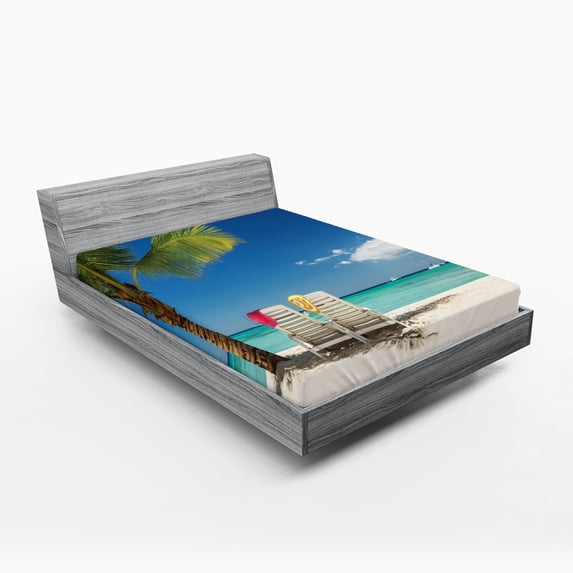Ambesonne Beach Fitted Sheet, Relaxing Panorama Sea, Full Size, Green Blue