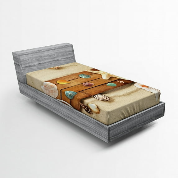 Ambesonne Beach Fitted Sheet, Rustic Board Seashells, Twin Size, Multicolor