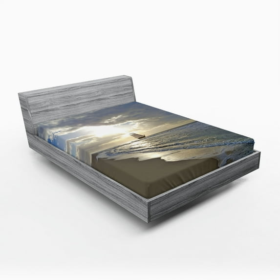 Ambesonne Beach Fitted Sheet, Sailing Shipt Sunset, California King, Blue Beige White