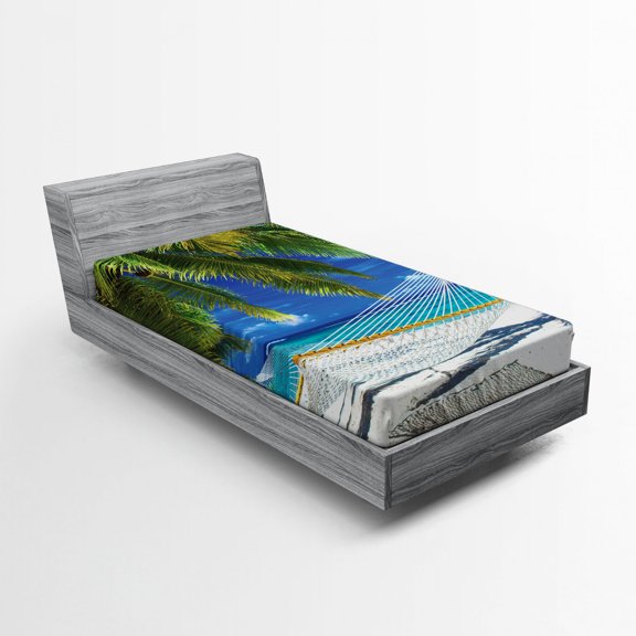 Ambesonne Beach Fitted Sheet, Sandy Palm Coconut Sea, Twin Size, Cream Navy Green