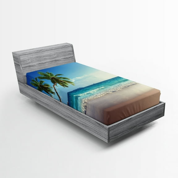 Ambesonne Beach Fitted Sheet, Scenic Island View Trees, Twin XL Size, Pale Brown Green Blue