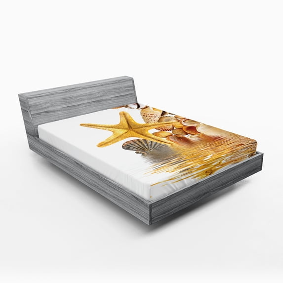 Ambesonne Beach Fitted Sheet, Sea Shells and Starfish, Queen Size, Earth Yellow Cream