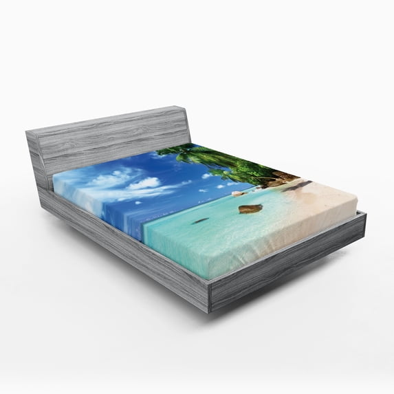 Ambesonne Beach Fitted Sheet, Seascape Nature Jungle, Queen Size, Mint Green Green Blue