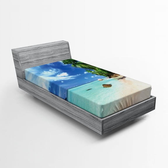 Ambesonne Beach Fitted Sheet, Seascape Nature Jungle, Twin XL Size, Mint Green Green Blue