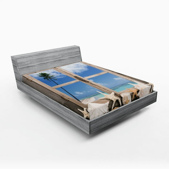 Ambesonne Beach Fitted Sheet, Seashells Starfish Palms, Queen Size, Pale Brown Sky Blue
