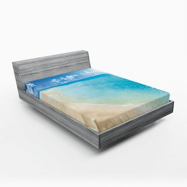 Ambesonne Beach Fitted Sheet, Sunny Seashore and Shells, Queen Size, Aqua Cream Blue