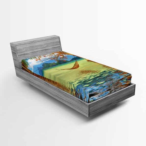 Ambesonne Beach Fitted Sheet, Trees in Tropical Land, Twin Size, Multicolor